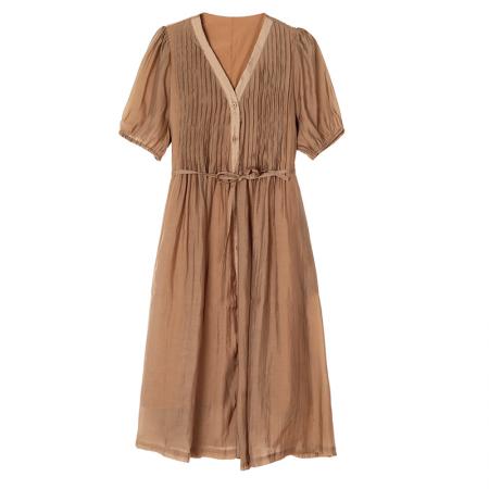 BY17927# 时尚褶皱连衣裙女夏季新款V领简约长裙欧货减龄女装 服裝批發女裝批發服飾貨源