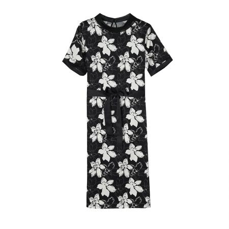 BY17928# 夏季新款名媛气质宽松腰带优雅时尚印花高档桑蚕丝连衣裙 服裝批發女裝批發服飾貨源