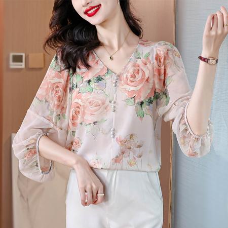 BY17929# 甜美碎花雪纺衬衫女夏季新款V领套头洋气灯笼袖宽松大码上衣 服裝批發女裝批發服飾貨源