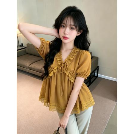 BY17930# 夏季新款法式温柔气质蕾丝拼接雪纺衫设计感小个子小衫 服裝批發女裝批發服飾貨源