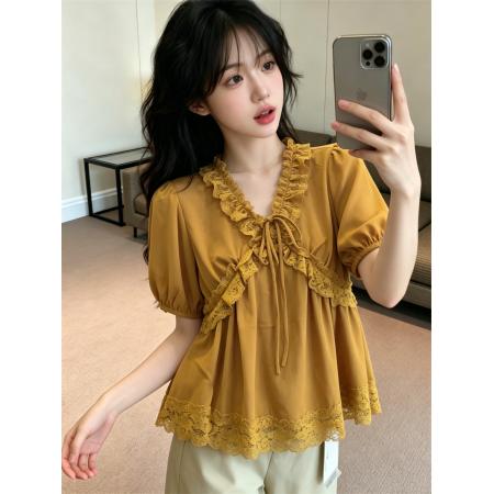 BY17930# 夏季新款法式温柔气质蕾丝拼接雪纺衫设计感小个子小衫 服裝批發女裝批發服飾貨源