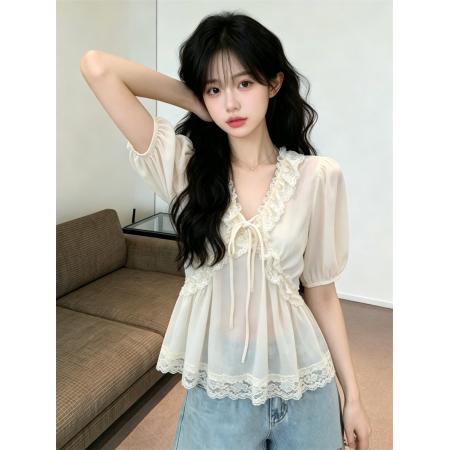BY17930# 夏季新款法式温柔气质蕾丝拼接雪纺衫设计感小个子小衫 服裝批發女裝批發服飾貨源