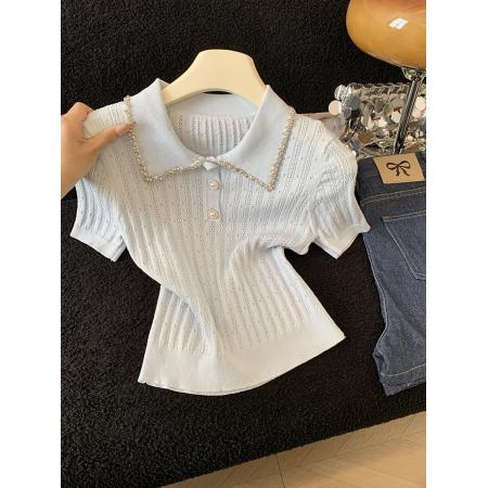 BY17932# 镶钻花边翻领针织t恤女短袖夏季新款设计感修身显瘦短款上衣 服裝批發女裝批發服飾貨源