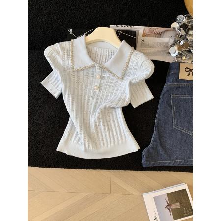 BY17932# 镶钻花边翻领针织t恤女短袖夏季新款设计感修身显瘦短款上衣 服裝批發女裝批發服飾貨源