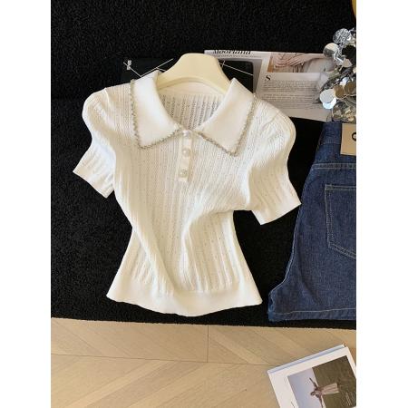 BY17932# 镶钻花边翻领针织t恤女短袖夏季新款设计感修身显瘦短款上衣 服裝批發女裝批發服飾貨源