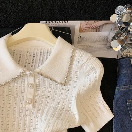 BY17932# 镶钻花边翻领针织t恤女短袖夏季新款设计感修身显瘦短款上衣 服裝批發女裝批發服飾貨源