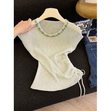 BY17933# 新款原创设计网纱拼接圆领针织T恤女夏季气质收腰抽褶上衣女 服裝批發女裝批發服飾貨源