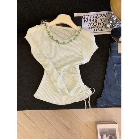 BY17933# 新款原创设计网纱拼接圆领针织T恤女夏季气质收腰抽褶上衣女 服裝批發女裝批發服飾貨源