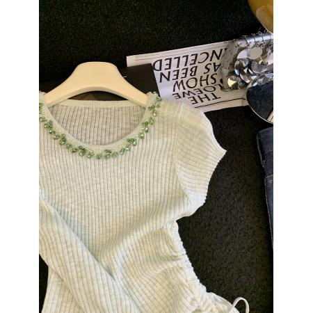 BY17933# 新款原创设计网纱拼接圆领针织T恤女夏季气质收腰抽褶上衣女 服裝批發女裝批發服飾貨源