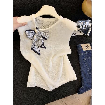 BY17934# 法式针织衫背心女夏季新款薄款配珍珠丝巾高级感无袖圆领上衣 服裝批發女裝批發服飾貨源