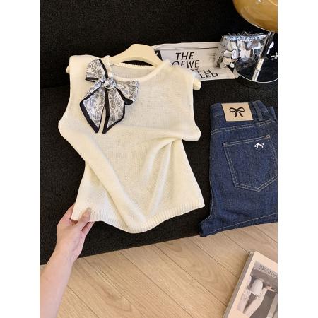 BY17934# 法式针织衫背心女夏季新款薄款配珍珠丝巾高级感无袖圆领上衣 服裝批發女裝批發服飾貨源