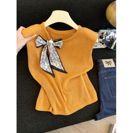 BY17934# 法式针织衫背心女夏季新款薄款配珍珠丝巾高级感无袖圆领上衣 服裝批發女裝批發服飾貨源