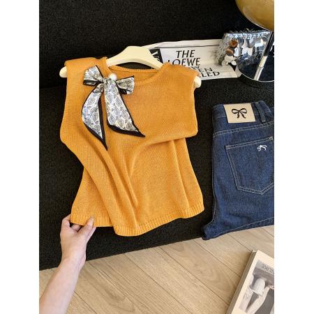 BY17934# 法式针织衫背心女夏季新款薄款配珍珠丝巾高级感无袖圆领上衣 服裝批發女裝批發服飾貨源