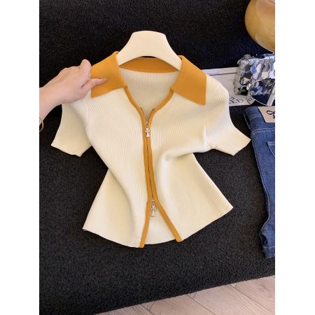 BY17935# 撞色翻领双拉链开衫上衣女夏季新款显瘦短袖针织T恤潮 服裝批發女裝批發服飾貨源