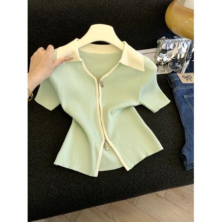 BY17935# 撞色翻领双拉链开衫上衣女夏季新款显瘦短袖针织T恤潮 服裝批發女裝批發服飾貨源