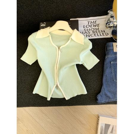 BY17935# 撞色翻领双拉链开衫上衣女夏季新款显瘦短袖针织T恤潮 服裝批發女裝批發服飾貨源