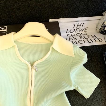 BY17935# 撞色翻领双拉链开衫上衣女夏季新款显瘦短袖针织T恤潮 服裝批發女裝批發服飾貨源