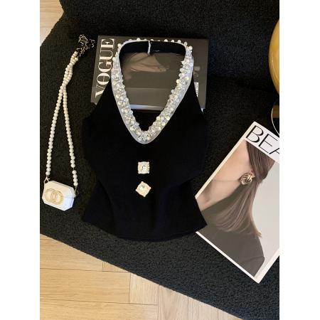 BY17936# 新款镶钻露背针织挂脖吊带小背心女修身辣妹短款上衣女带胸垫 服裝批發女裝批發服飾貨源