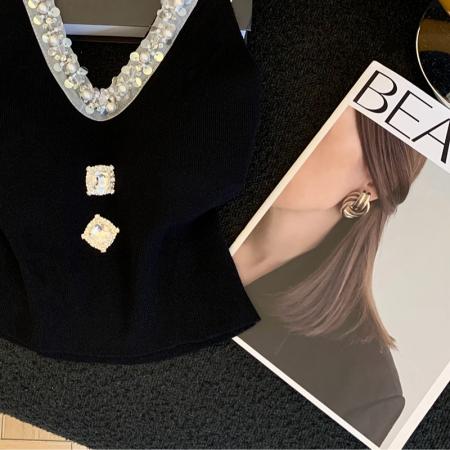 BY17936# 新款镶钻露背针织挂脖吊带小背心女修身辣妹短款上衣女带胸垫 服裝批發女裝批發服飾貨源