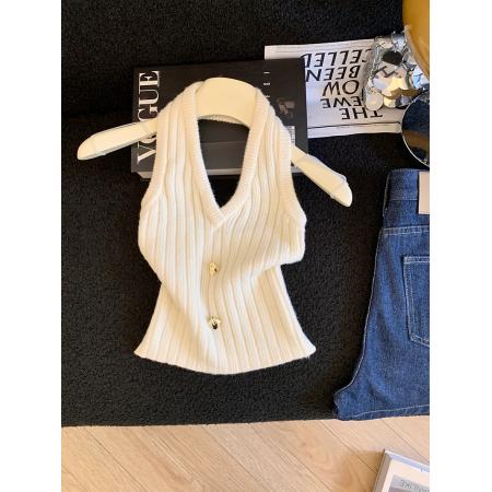 BY17937# 复古纯色超漂亮针织挂脖背心显瘦夏季吊带内搭外穿通勤上衣 服裝批發女裝批發服飾貨源