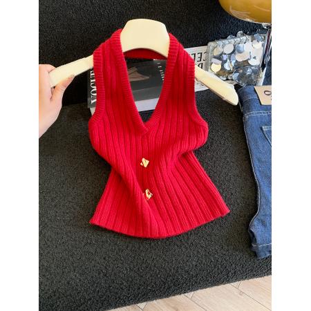BY17937# 复古纯色超漂亮针织挂脖背心显瘦夏季吊带内搭外穿通勤上衣 服裝批發女裝批發服飾貨源