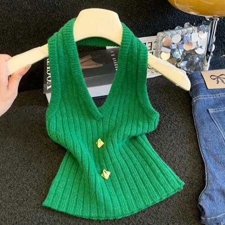 BY17937# 复古纯色超漂亮针织挂脖背心显瘦夏季吊带内搭外穿通勤上衣 服裝批發女裝批發服飾貨源