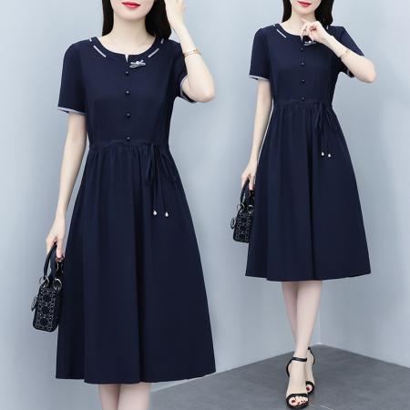 BY17938# 夏季新款时尚洋气减龄遮肚子显瘦短袖中长款连衣裙 服裝批發女裝批發服飾貨源