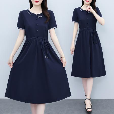 BY17938# 夏季新款时尚洋气减龄遮肚子显瘦短袖中长款连衣裙 服裝批發女裝批發服飾貨源