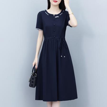 BY17938# 夏季新款时尚洋气减龄遮肚子显瘦短袖中长款连衣裙 服裝批發女裝批發服飾貨源
