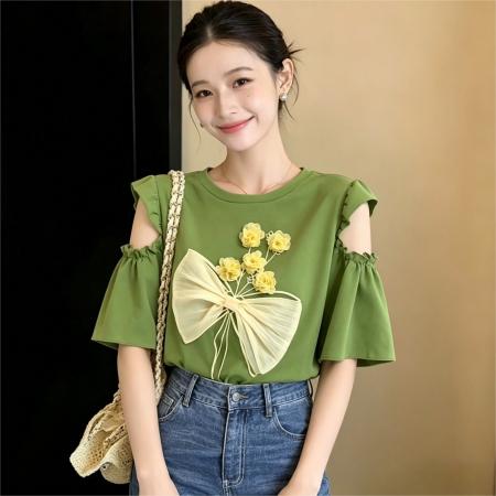 BY17941# 复古圆领花朵小众设计感短袖T恤女夏新款宽松休闲上衣 服裝批發女裝批發服飾貨源