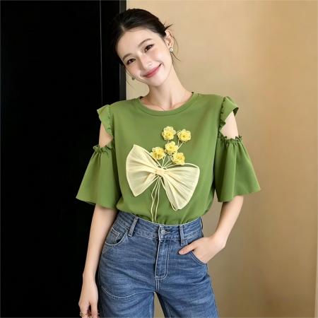 BY17941# 复古圆领花朵小众设计感短袖T恤女夏新款宽松休闲上衣 服裝批發女裝批發服飾貨源