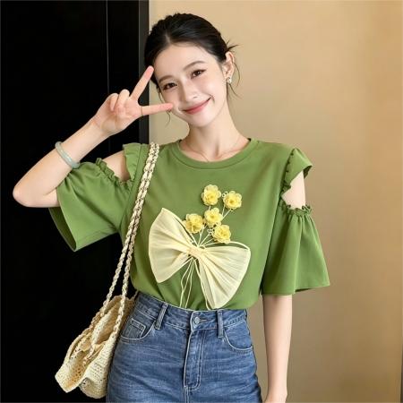 BY17941# 复古圆领花朵小众设计感短袖T恤女夏新款宽松休闲上衣 服裝批發女裝批發服飾貨源