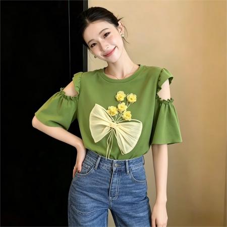 BY17941# 复古圆领花朵小众设计感短袖T恤女夏新款宽松休闲上衣 服裝批發女裝批發服飾貨源