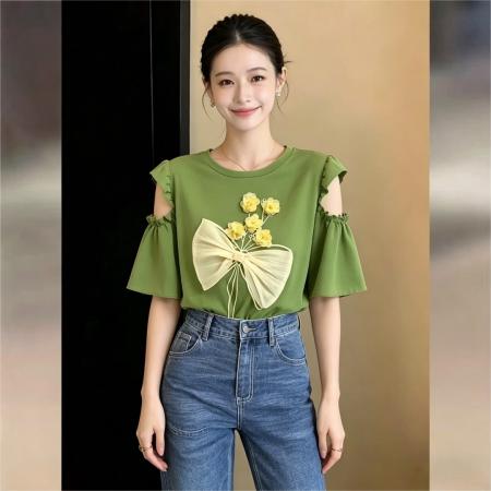 BY17941# 复古圆领花朵小众设计感短袖T恤女夏新款宽松休闲上衣 服裝批發女裝批發服飾貨源