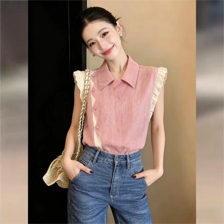 BY17943# 韩式复古翻领拼色小衫短袖衬衫女夏季休闲百搭上衣 服裝批發女裝批發服飾貨源