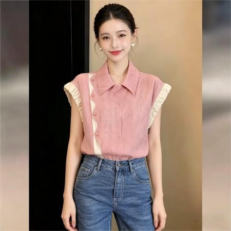 BY17943# 韩式复古翻领拼色小衫短袖衬衫女夏季休闲百搭上衣 服裝批發女裝批發服飾貨源