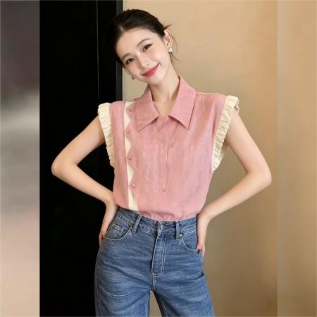 BY17943# 韩式复古翻领拼色小衫短袖衬衫女夏季休闲百搭上衣 服裝批發女裝批發服飾貨源