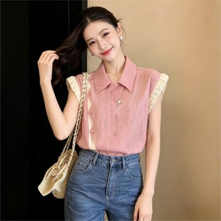 BY17943# 韩式复古翻领拼色小衫短袖衬衫女夏季休闲百搭上衣 服裝批發女裝批發服飾貨源