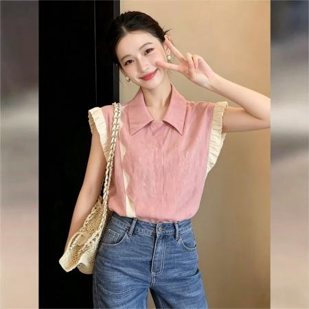 BY17943# 韩式复古翻领拼色小衫短袖衬衫女夏季休闲百搭上衣 服裝批發女裝批發服飾貨源