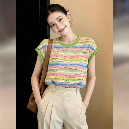 BY17944# 韩式复古宽松休闲彩虹条纹T恤女夏圆领显瘦上衣 服裝批發女裝批發服飾貨源