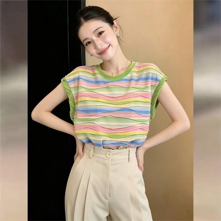 BY17944# 韩式复古宽松休闲彩虹条纹T恤女夏圆领显瘦上衣 服裝批發女裝批發服飾貨源