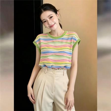 BY17944# 韩式复古宽松休闲彩虹条纹T恤女夏圆领显瘦上衣 服裝批發女裝批發服飾貨源