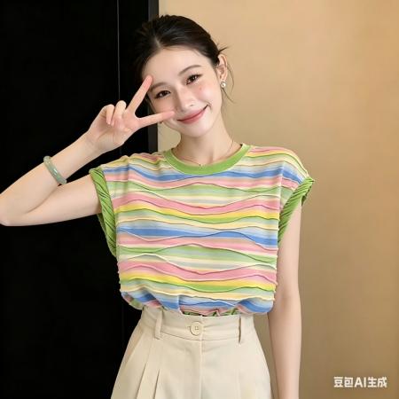 BY17944# 韩式复古宽松休闲彩虹条纹T恤女夏圆领显瘦上衣 服裝批發女裝批發服飾貨源