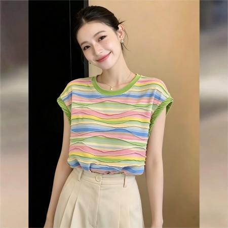 BY17944# 韩式复古宽松休闲彩虹条纹T恤女夏圆领显瘦上衣 服裝批發女裝批發服飾貨源