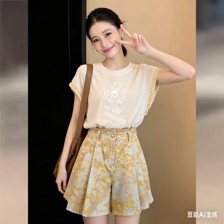 BY17945# 法式气质温柔装饰贴花短袖衬衣女夏季宽松T恤 服裝批發女裝批發服飾貨源