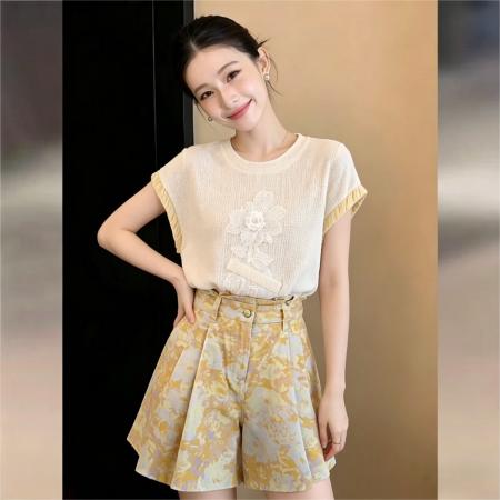 BY17945# 法式气质温柔装饰贴花短袖衬衣女夏季宽松T恤 服裝批發女裝批發服飾貨源