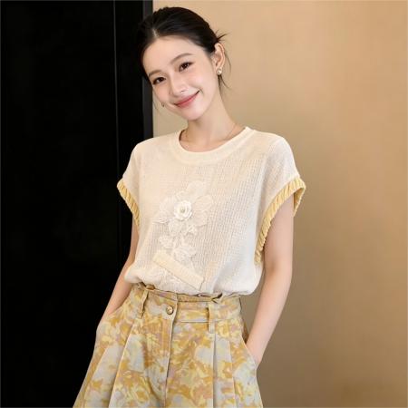 BY17945# 法式气质温柔装饰贴花短袖衬衣女夏季宽松T恤 服裝批發女裝批發服飾貨源