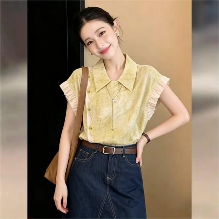 BY17946# 韩式复古设计感小衫斜门禁短袖衬衫夏季休闲百搭上衣 服裝批發女裝批發服飾貨源