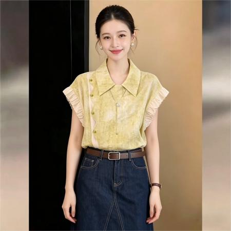 BY17946# 韩式复古设计感小衫斜门禁短袖衬衫夏季休闲百搭上衣 服裝批發女裝批發服飾貨源