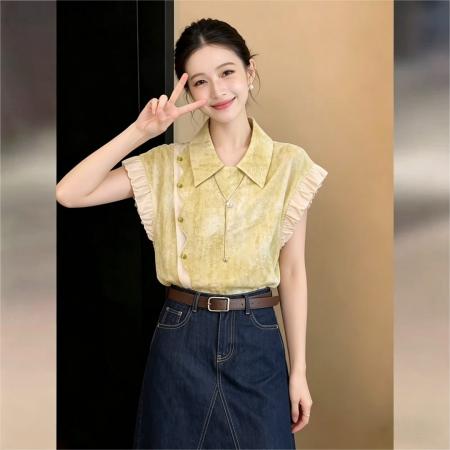 BY17946# 韩式复古设计感小衫斜门禁短袖衬衫夏季休闲百搭上衣 服裝批發女裝批發服飾貨源